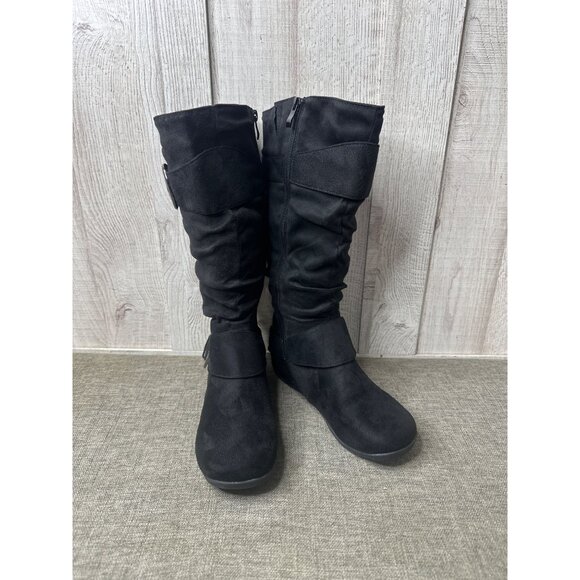 Shoes - Black Suede Like Boots With Buckle Detail & Side Zipper Closure Womens Size 8